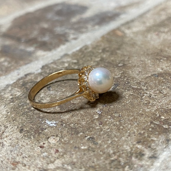 SOLID 14KT GOLD Ring Genuine Pearl with Natural Diamond Halo - Picture 6 of 11